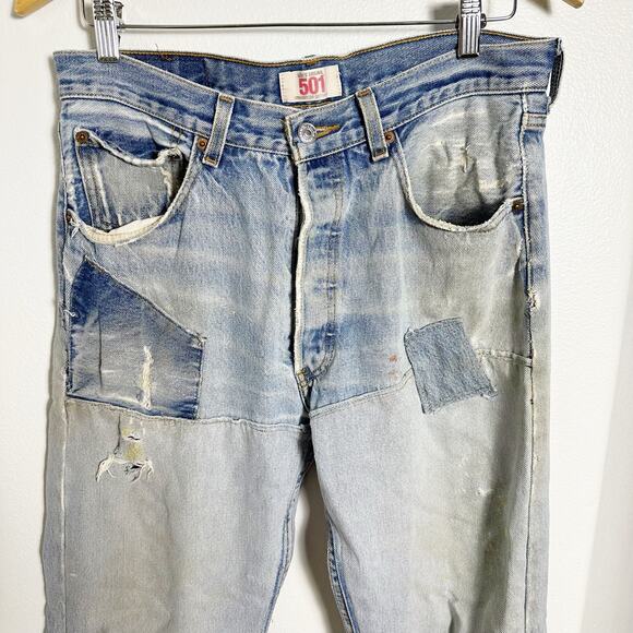 Levi's Light Wash 501 Button Fly Patchwork Straight Leg Jeans sz 34 - Picture 3 of 13